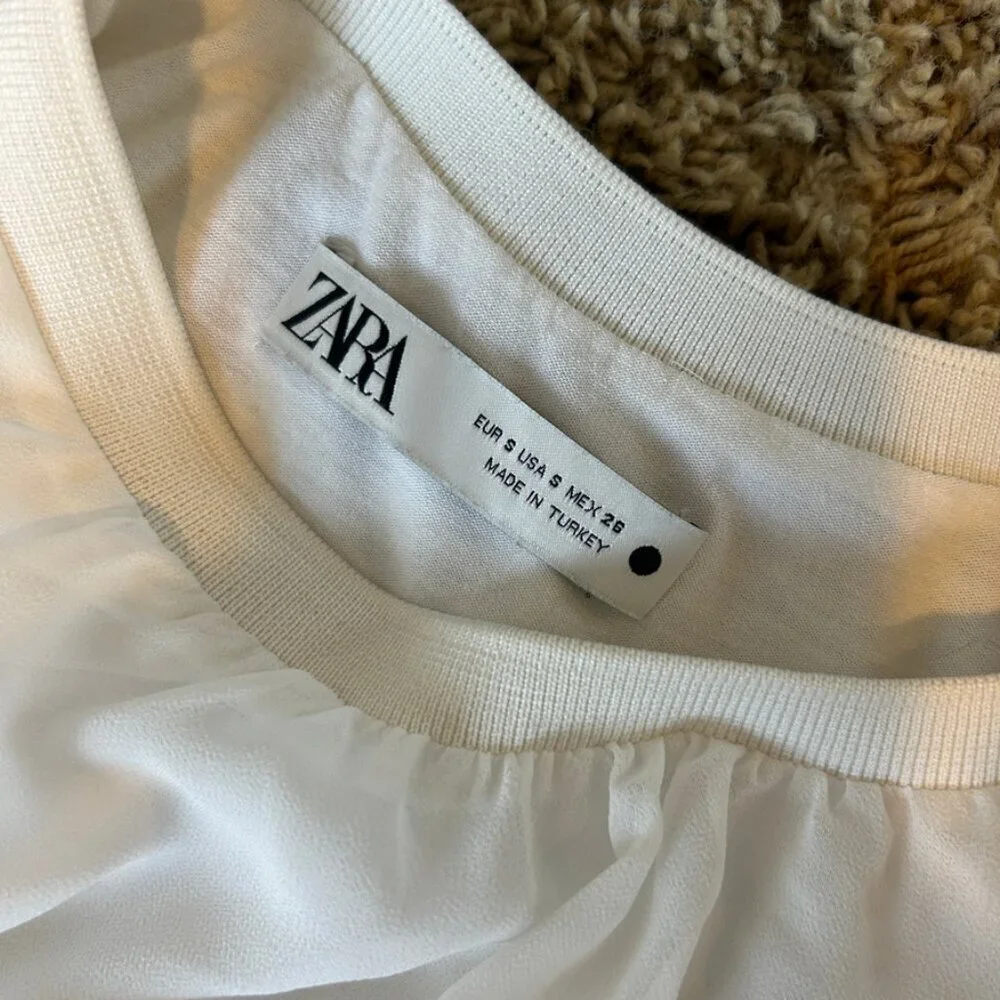 ZARA White Chiffon Blouse in Women's Size Small Puff Sleeves Fully Lined